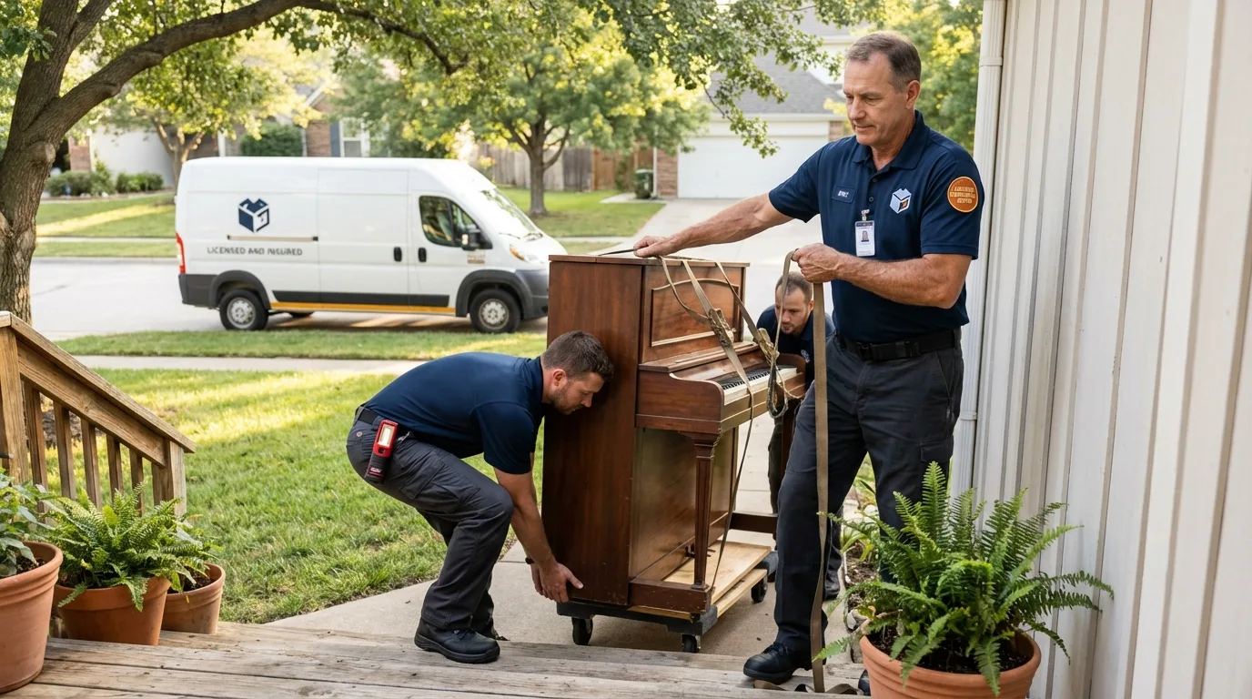 Licensed piano movers securing grand piano in Ingleside, TX
