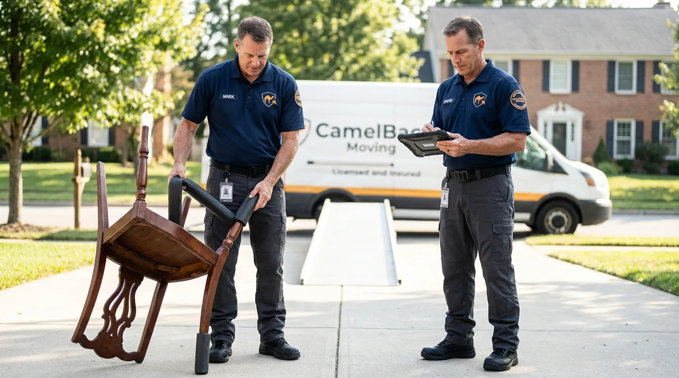 Movers inspecting furniture for damage prevention before loading in Ingleside, TX