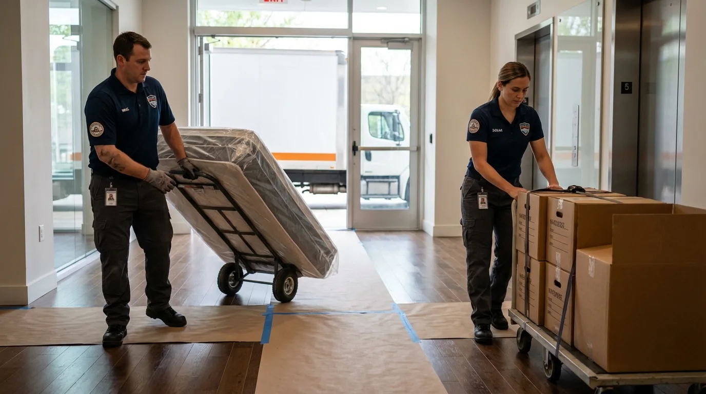 Professional apartment movers loading elevator in Ingleside, TX